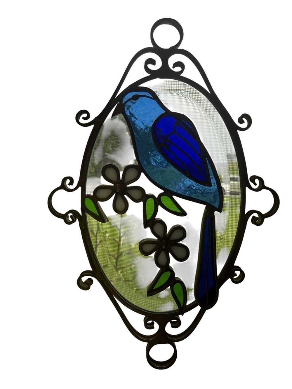 Bluebird Stained Glass Sun Catcher Window Hanger Oval White Flowers Bird Nature